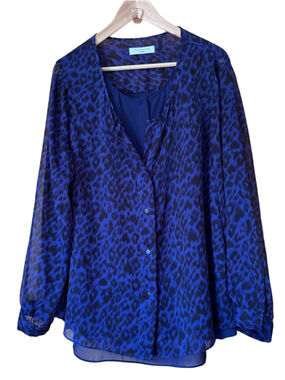 Tahari Woman Royal Blue Leopard-Print Button Close Layered Blouse size 1X